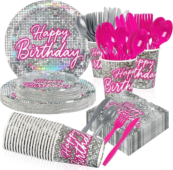 168 Pcs Hot Pink Disco Theme Party Decorations Serves 24 | Hot Pink Silver by Greencian
