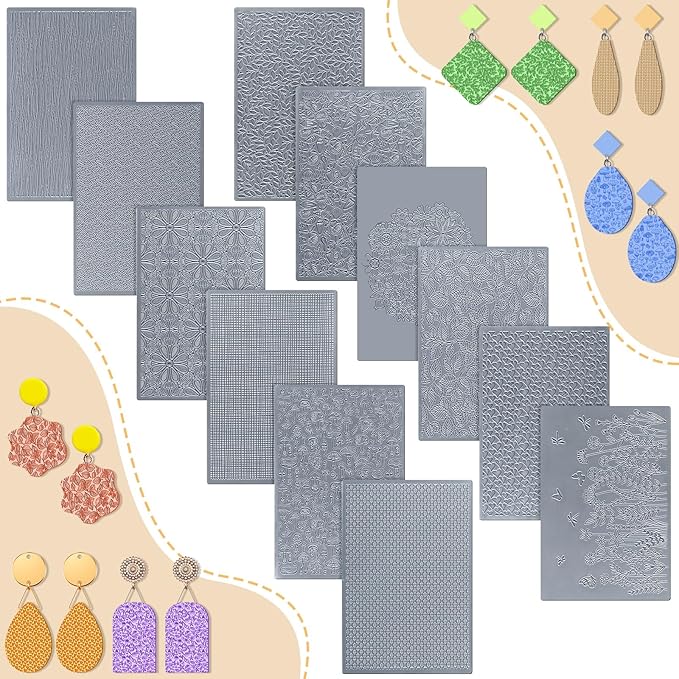 12 Pcs Polymer Clay Texture Sheets Mat Works with Polymer Clay Cutter Embossin Roller DIY Tools for Pottery Earrings Jewelry Making