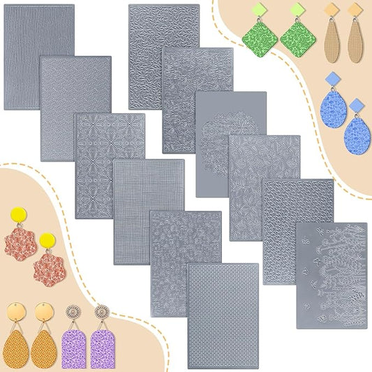 12 Pcs Polymer Clay Texture Sheets Mat Works with Polymer Clay Cutter Embossin Roller DIY Tools for Pottery Earrings Jewelry Making