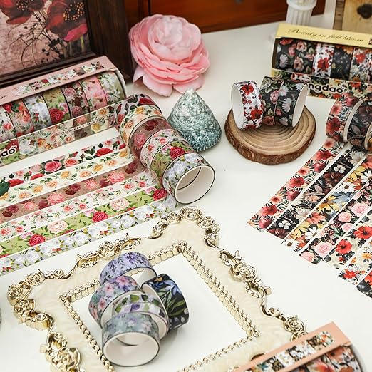 10 Rolls Blooming Flowers Washi Tape Set Floral Arts Adhesive Tapes Colorful Garden Decorative Masking Tape Sets for Craft, Kids, Scrapbook, DIY, Gift Wrapping (4-Purple)