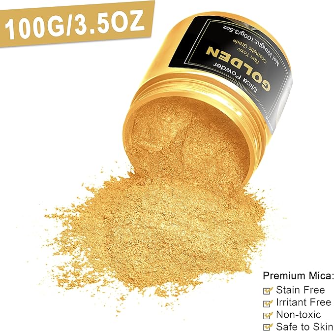 Golden Mica Powder Pigment (100g) -Cosmetic Grade Metallic Mica Powder for Epoxy Resin, Lip Gloss, Soap,Candle Making, Bath Bombs,Tumblers, Jewelry, Dyes, and DIY Crafting Projects(Golden, 3.5oz)