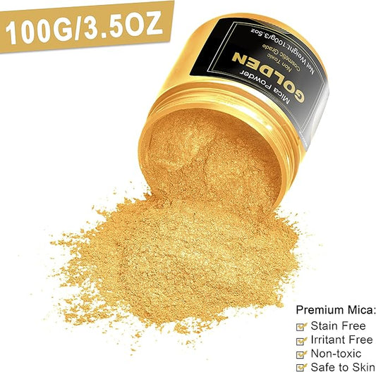 Golden Mica Powder Pigment (100g) -Cosmetic Grade Metallic Mica Powder for Epoxy Resin, Lip Gloss, Soap,Candle Making, Bath Bombs,Tumblers, Jewelry, Dyes, and DIY Crafting Projects(Golden, 3.5oz)