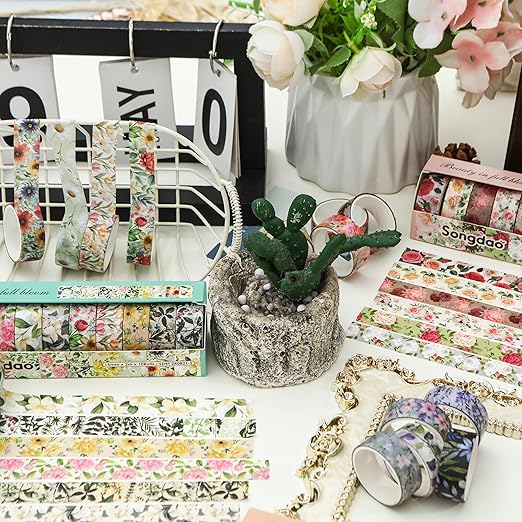 10 Rolls Blooming Flowers Washi Tape Set Floral Arts Adhesive Tapes Colorful Garden Decorative Masking Tape Sets for Craft, Kids, Scrapbook, DIY, Gift Wrapping (4-Purple)