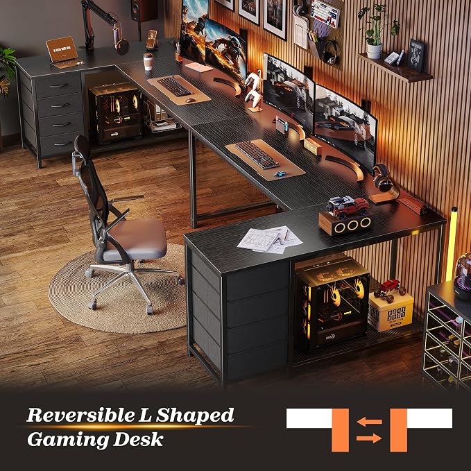 PRAISUN 61" L Shaped Desk with Power Outlets & USB-C Port, Reversible Computer - Image 9