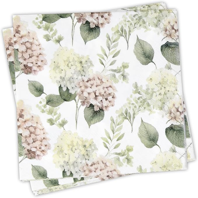 100 Pcs Hydrangea Scatter Floral Cocktail Beverage Napkins Hydrangeas Flowers Disposable Paper Dessert Napkin for Spring Summer Birthday Party Supplies