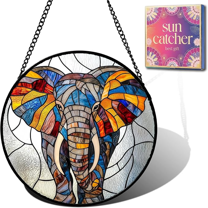 Elephant Acrylic Suncatcher Faux Stained Glass Window Hanging 6.3" | Birthday by Unknown