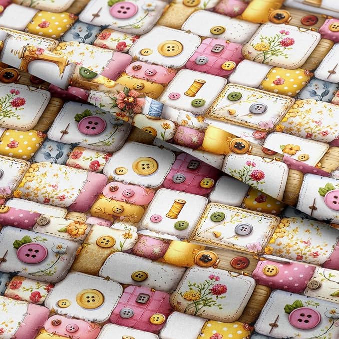 Vintage Sewing Notions Patchwork Cotton Fabric Panel 61 x 36.6 Inches, Buttons - Image 5