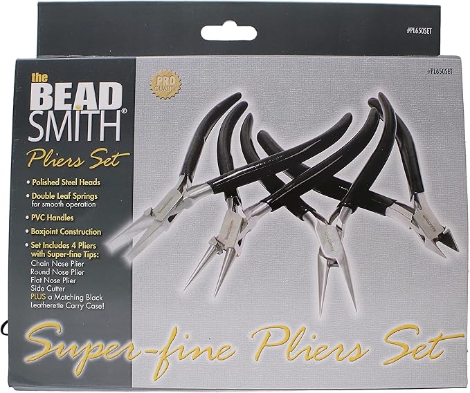 The Beadsmith Slim Line Pliers Set – Extra Fine Tips – 4.5 Inches, 4-Pieces: Round Nose, Chain Nose, Flat Nose & Semi-flush Side Cutter – Leatherette Carrying Case Included – Tools for Jewelry Making