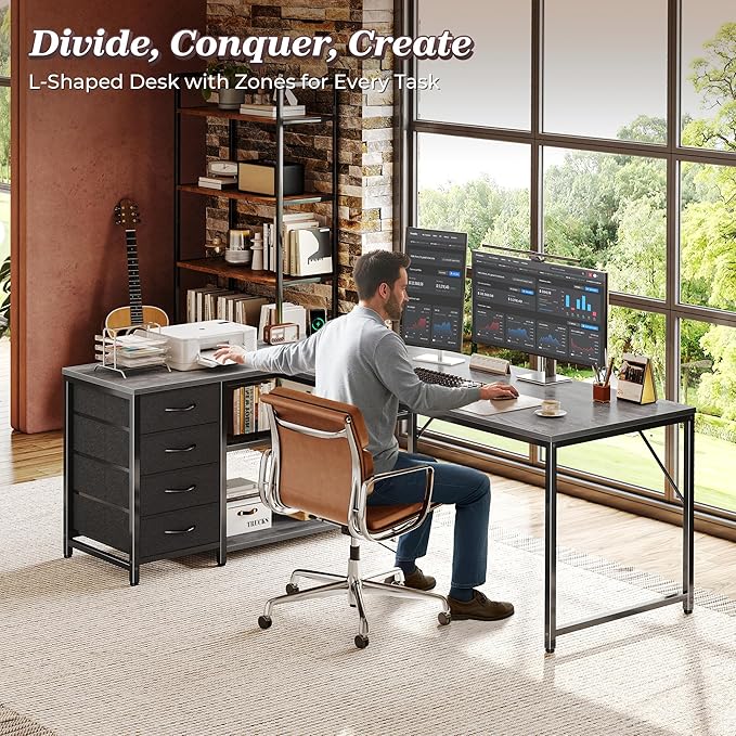 PRAISUN 61" L Shaped Desk with Power Outlets & USB-C Port, Reversible Computer - Image 2