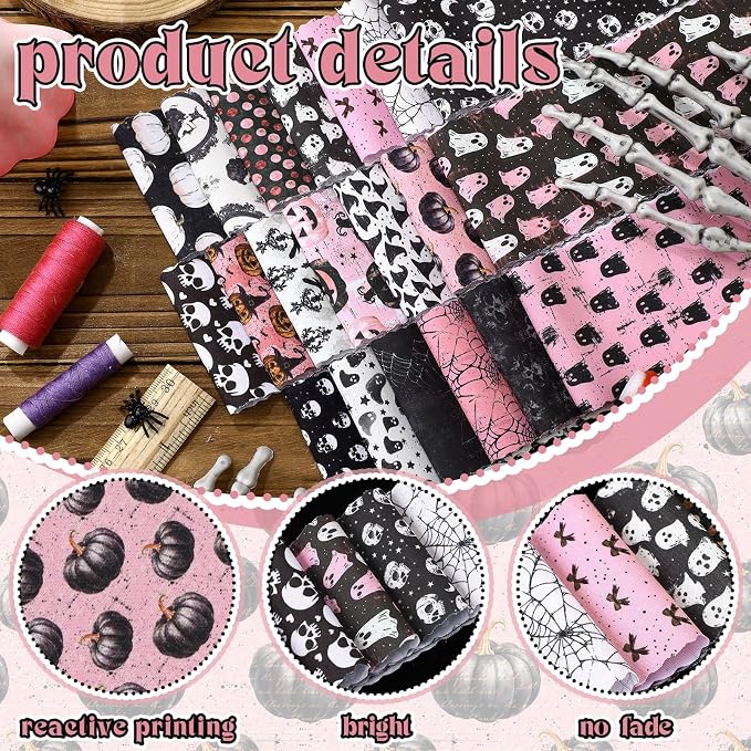 Hosuly 40 Pcs Pink Halloween Fabric Vintage Pumpkin Crow Skull Ghost Spiderweb - Image 5