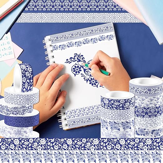 12 Pcs blue and white porcelain Washi Tape Maple Leaf Print Masking Tape Pumpkin Pattern Decorative Paper Sticker for Fall Party Holiday Scrapbook DIY Craft Gift Wrapping Handbook Sticker