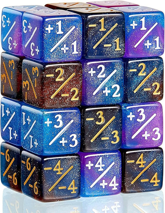 Sumind 24 Pcs Magic Life Counter Dice -1/+1 Counters Commander Buff Tokens 6 Sided Dice Loyalty Life Gifts Compatible with MTG CCG TCG Cards Gaming Accessory (Artsy Style)