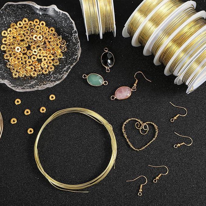 Mixweer 15 Pcs 5 Size Copper Wire 18 20 22 26 32 Gauge Tarnish Resistant Jewelry Wire for Jewelry Making 121 Yard Metal Beading Crafting (Gold)
