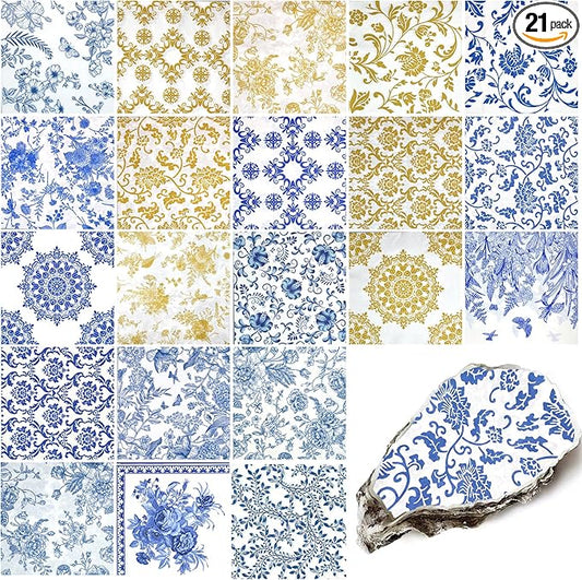 21 Pack Assorted Floral Napkins Decoupage Decorative, Decoupage Napkins Cocktail Decorative Paper for Birthday Party Beautiful Gorgeous, 21 styles of decorative paper (Blue and Gold Floral)