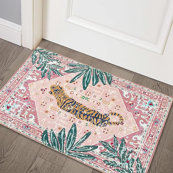 Hippie Rugs, 2x3 Faux Wool Tropical Pink Boho Throw Rugs for Bathroom Kitchen Small Indoor Entryway Rug Modern Vintage Distressed Indian Accent Floor Mat Non-Slip Washable