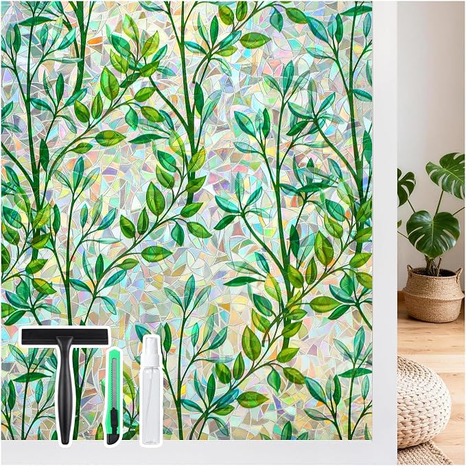 LUTE Stained Glass Window Privacy Film, Leaf Rainbow, 23.6" X 157.4" | No Glue by LUTE