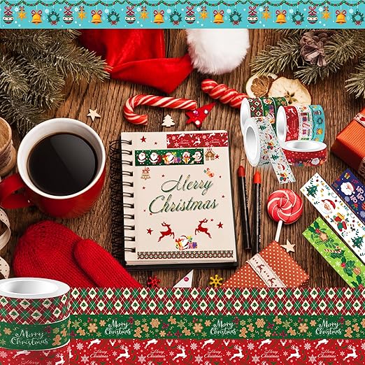 12 Pcs Christmas Washi Tape Merry Christmas Print Masking Tape Christmas Tree Snowman Santa Claus Pattern Decorative Paper Sticker for Christmas Party Holiday Scrapbook Handbook Sticker