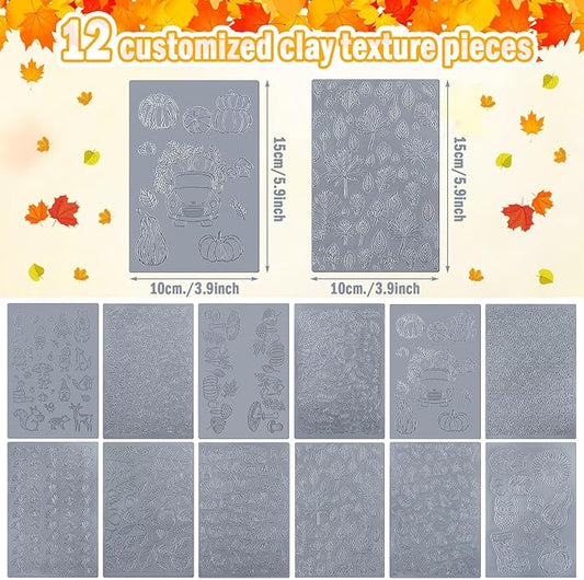 12 Pcs Fall Polymer Clay Texture Sheets Set, Maple Leaves, Pumpkin Miniature Clay Molds Pine Cone Pattern Silicone Polymer Clay Molds for Fall Autumn Thanksgiving Jewelry Earrings Making