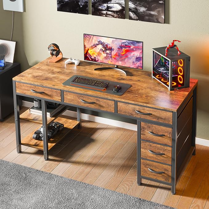Huuger Computer Desk with 6 Drawers, Office Desk with Shelves, Reversible - Image 7