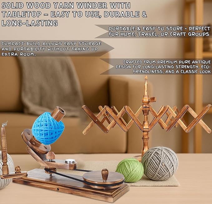Handmade Wooden Yarn Ball Winder & Table Top Swift for Knitting & Crocheting, Wool String Center Pull (Antique Winder+Swift Set)