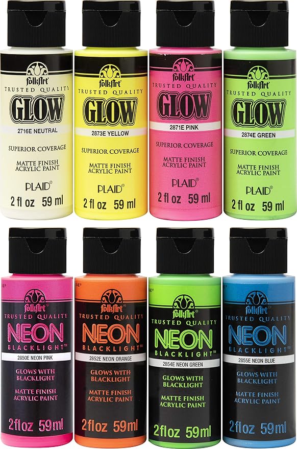 FolkArt Neon Glow Acrylic Paint Set, 2 oz, 8 Fl Oz by FolkArt+One+Stroke