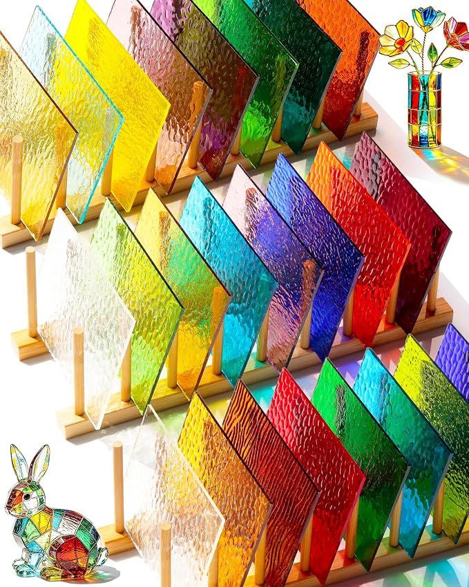 FIVEIZERO 24 Sheets Textured Stained Glass 4x6 Inch – Patterned Cathedral Glass by FIVEIZERO