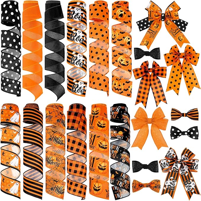 12 Rolls Halloween Wired Edge Ribbon for Wreaths 2 Inch x 60 Yards Bat Spider Web Pumpkin Print Ribbon Ghost Witch Hat Crafts for Halloween Party Decorative Supplies, 12 Styles