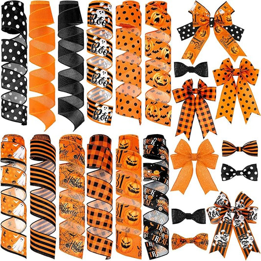 12 Rolls Halloween Wired Edge Ribbon for Wreaths 2 Inch x 60 Yards Bat Spider Web Pumpkin Print Ribbon Ghost Witch Hat Crafts for Halloween Party Decorative Supplies, 12 Styles
