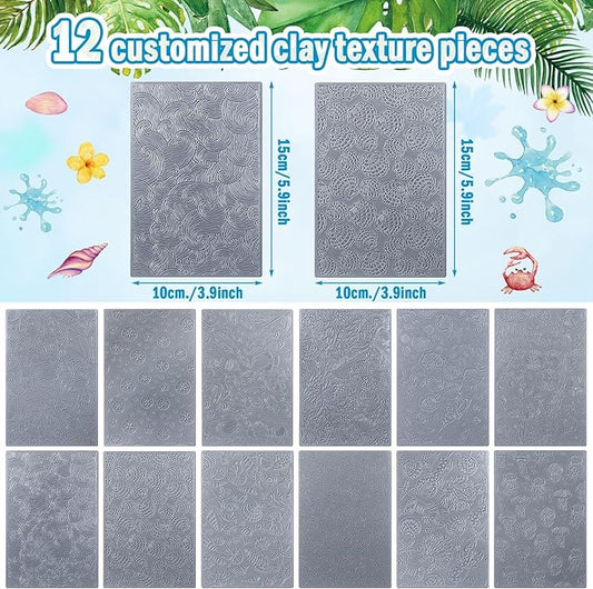 12pcs Polymer Clay Texture Sheets Set Works with Polymer Clay Cutter Embossing Clay Texture Roller DIY Sheets for Jewelry Earring Making DIY Craft Supply (Summer)