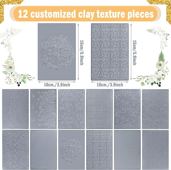 12 Pcs Polymer Clay Texture Sheets Mat Works with Polymer Clay Cutter Embossin Roller DIY Tools for Pottery Earrings Jewelry Making