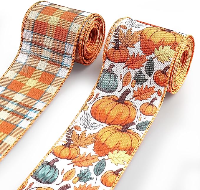 2 Rolls 2.5 Inch x 10 Yards Thanksgiving Fall Wired Ribbon for Craft Wreath Bow Making Pumpkin Autumn Leaves Ribbon Orange Plaid Burlap Ribbon for Wrapping Thanksgiving Party Home Decoration