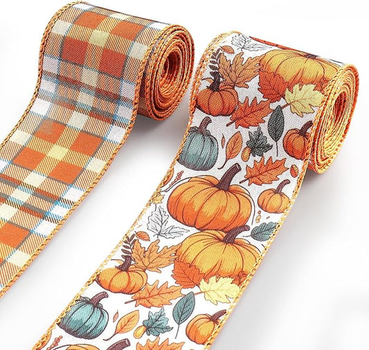 2 Rolls 2.5 Inch x 10 Yards Thanksgiving Fall Wired Ribbon for Craft Wreath Bow Making Pumpkin Autumn Leaves Ribbon Orange Plaid Burlap Ribbon for Wrapping Thanksgiving Party Home Decoration