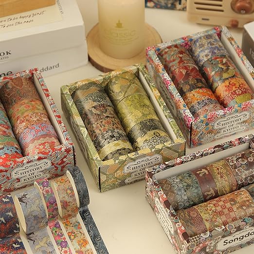 12 Rolls Kyoto Charm Washi Tape Set Japanese Arts Adhesive Tapes Geometric Garden Decorative Masking Tape Sets for Craft, Kids, Scrapbook, DIY, Gift Wrapping (Azure Tranquility)