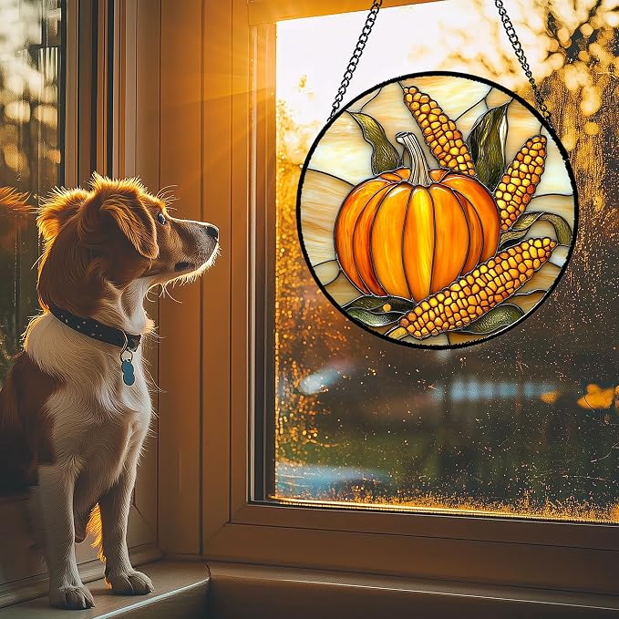 DASTOLL Stained Glass Window Hanging Autumn Harvest Pumpkin Corn 6.3" - Image 3