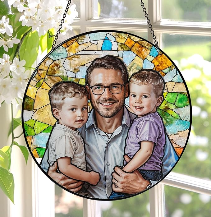 LOVELYPOD Personalized Dad Stained Glass Sun Catcher, Photo Family Portrait by LOVELYPOD