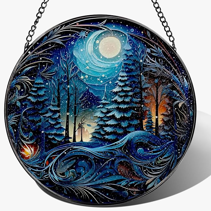 8-Inch Starry Night Forest Suncatcher Ornament, Stained Glass Window Hanging & by Unknown