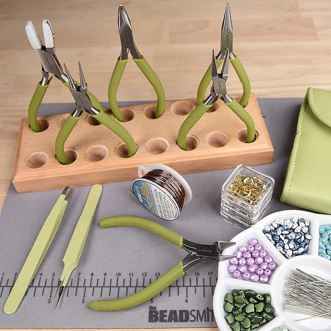 The Beadsmith Fashion Color Pliers – Set of 8 Slimline Color-Coordinated Tools – Matching Clutch in Light Olive – Jewelry Making Supply Kit to Create Necklaces, Bracelets, Earrings & More