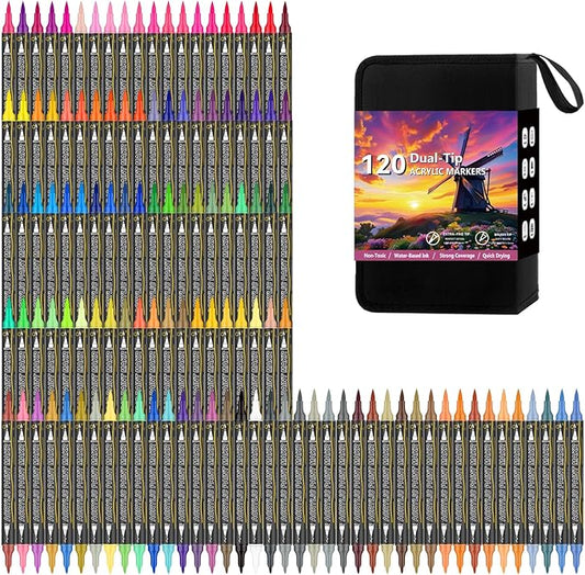 120 Colors Dual Tip Acrylic Paint Markers，Waterproof, Non-Toxic, Odorless Acrylic Markers Pens，Paint Pens & Paint Markers for Rock, Wood, Glass, Stone, Canvas, Ceramic, Fabric and Paper Painting