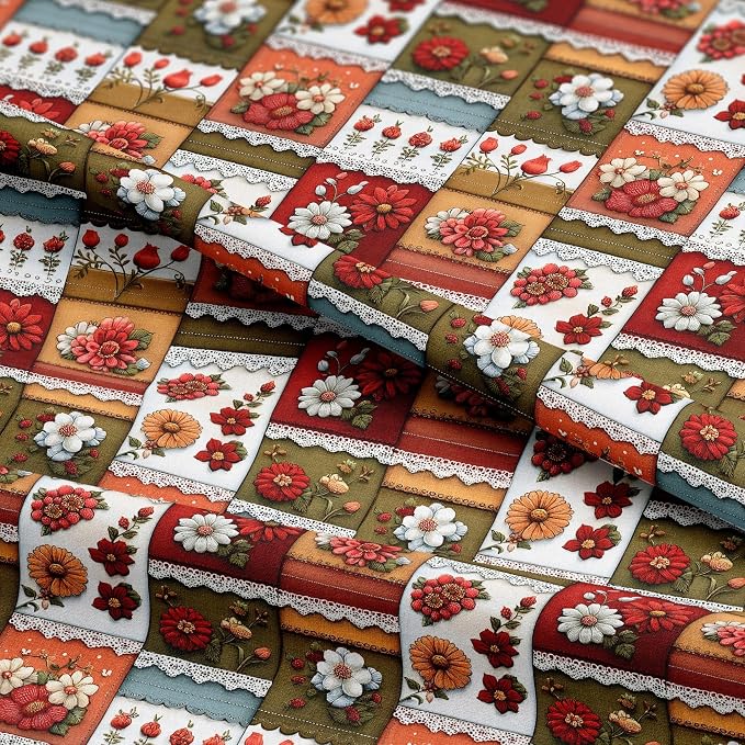 Patchwork Floral Cotton Fabric Panel 61 x 36.6 Inches, Vintage Quilt Style - Image 5