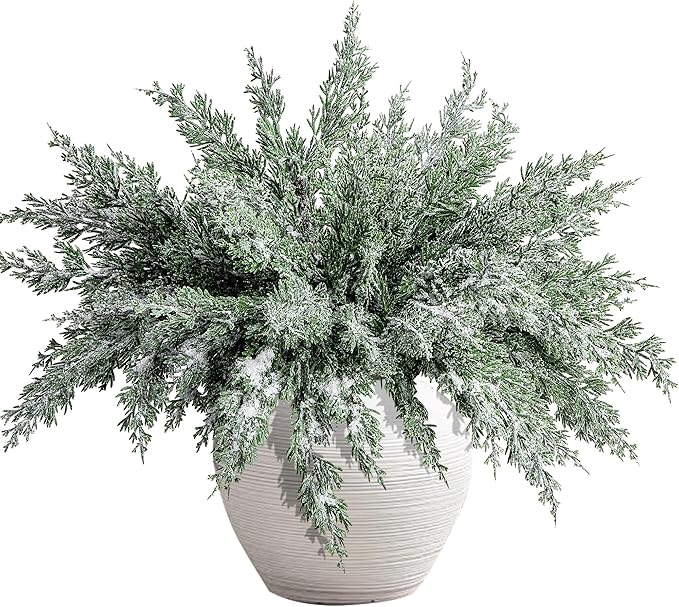 10 Packs 16.5" Artificial Christmas Snow Pine Branches, Snow Flocked Faux Greenery Norfolk Pine Sprigs Cypress Stems, White Frosted Fake Foliage Pine Needle Picks for DIY Craft Garland Home Decor