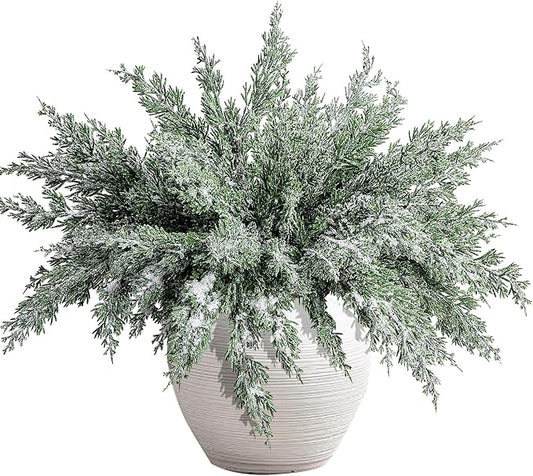 10 Packs 16.5" Artificial Christmas Snow Pine Branches, Snow Flocked Faux Greenery Norfolk Pine Sprigs Cypress Stems, White Frosted Fake Foliage Pine Needle Picks for DIY Craft Garland Home Decor