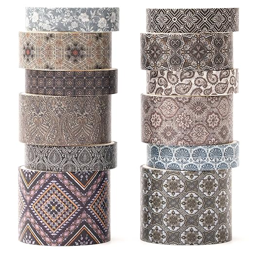 12 Rolls Exotic Charm Washi Tape Set Floral Arts Adhesive Tapes Geometric Garden Decorative Masking Tape Sets for Craft, Kids, Scrapbook, DIY, Gift Wrapping (Inked Gold)