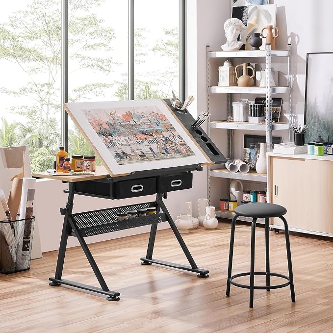 Yaheetech Adjustable Drafting Table Art Desk, Storage Drawers & Stool, Wood | - Image 2
