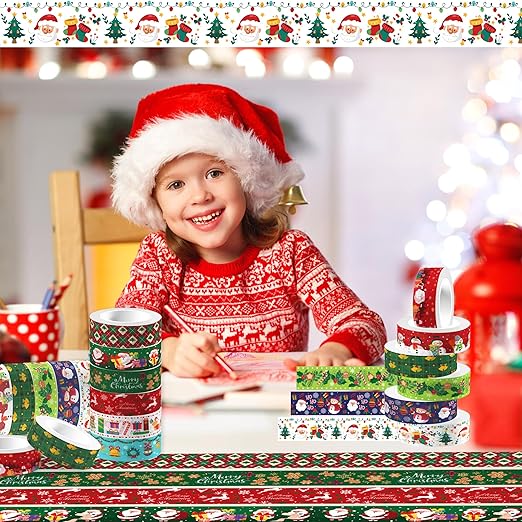 12 Pcs Christmas Washi Tape Merry Christmas Print Masking Tape Christmas Tree Snowman Santa Claus Pattern Decorative Paper Sticker for Christmas Party Holiday Scrapbook Handbook Sticker