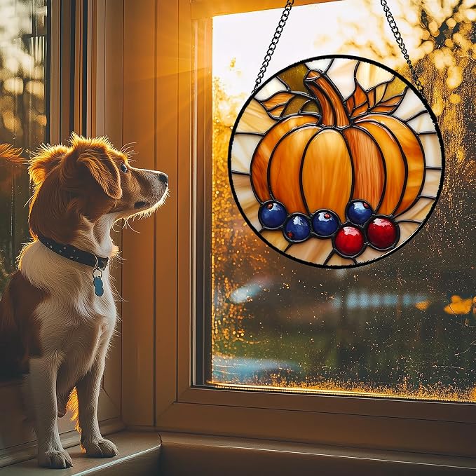 DASTOLL Stained Glass Window Hanging Fall Pumpkin Berries 9.8" - Image 3