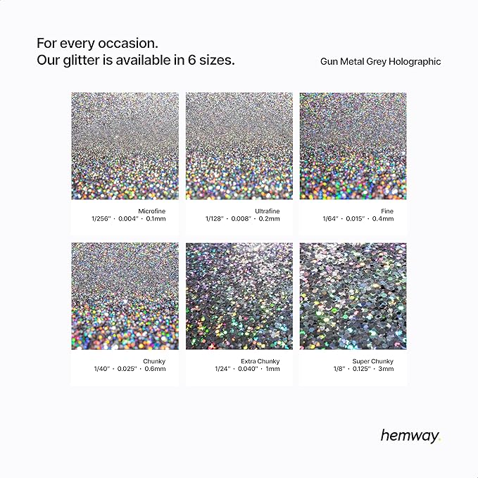Hemway Polyurethane & Epoxy Resin Glitter 100g / 3.5oz Metallic Crystal Flake Additive for Flooring Jewelry Tumblers Glass Pigment - Fine (1/64" 0.015" 0.4mm) - Gun Metal Grey Holographic
