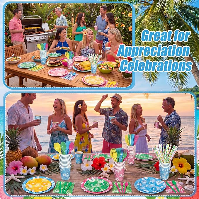 450 Pcs Hawaiian Luau Tableware Set Decorations Aloha Tropical Hibiscus Palm - Image 4