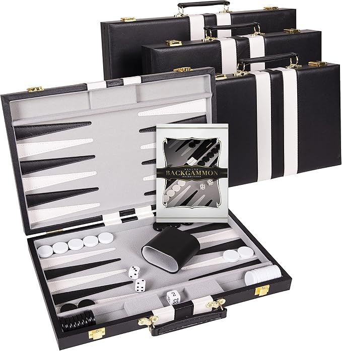 Backgammon Sets for Adults with Premium Leather Case | Classic Travel Backgammon Set for Adults and Kids with Strategy & Guide | 15 Inches | Medium | Black