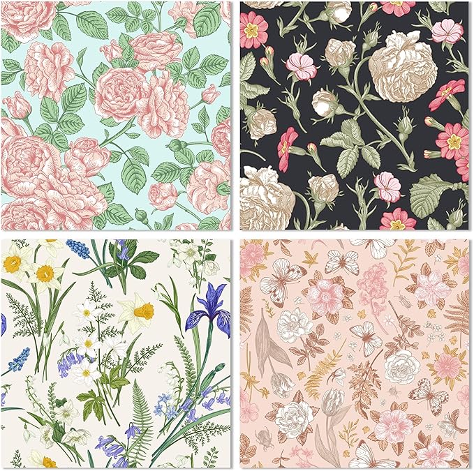 24 Sheets 12 Designs Scrapbook Paper Pad,6"×6” Single-Sided Decopodge Craft Cardstock Paper, Christmas Scrapbooking DIY Decorative Background Cardmaking Supplies.Flowers