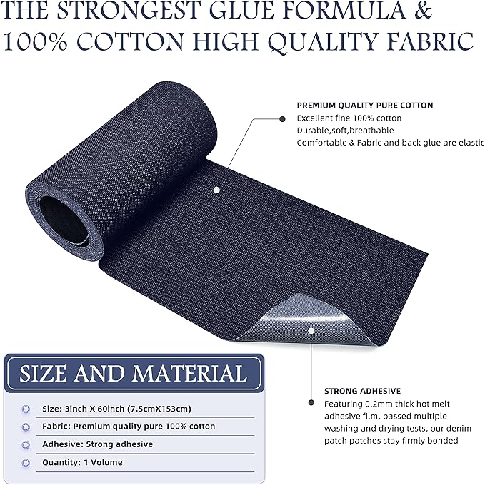 KING MOUNTAIN Iron-on Repair Patch,3"x60"100% Cotton Denim Iron-on Repair Patch, Jeans and Clothing Repair and Decoration Kit (Dark Blue)